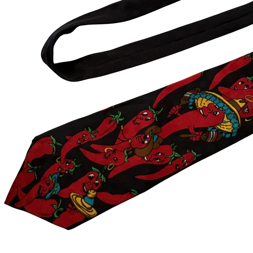 Ties In Disguise Mens Silk Necktie Black Red Chili Pepper Sombrero Novelty Tie
